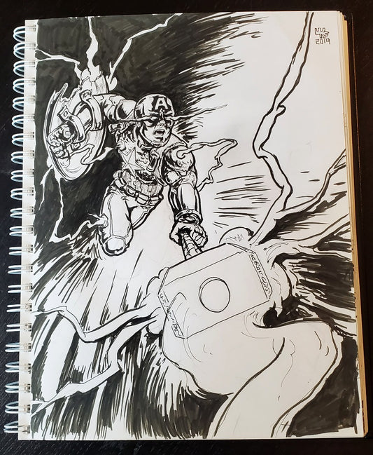 Battle Damage Captain America Ink Drawing