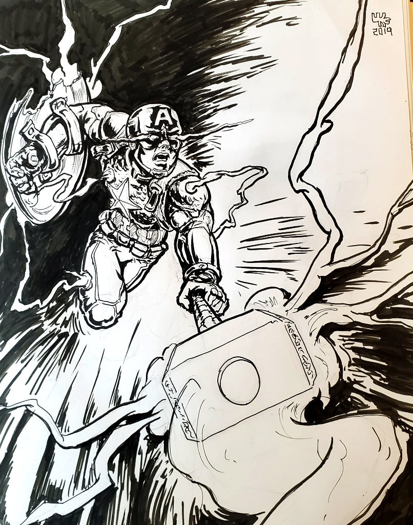 Battle Damage Captain America Ink Drawing Detail