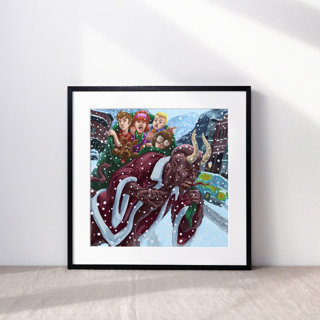 Krampus and a Pup Named Scooby Doo Holiday Art Print by Kyle La Fever in a Frame