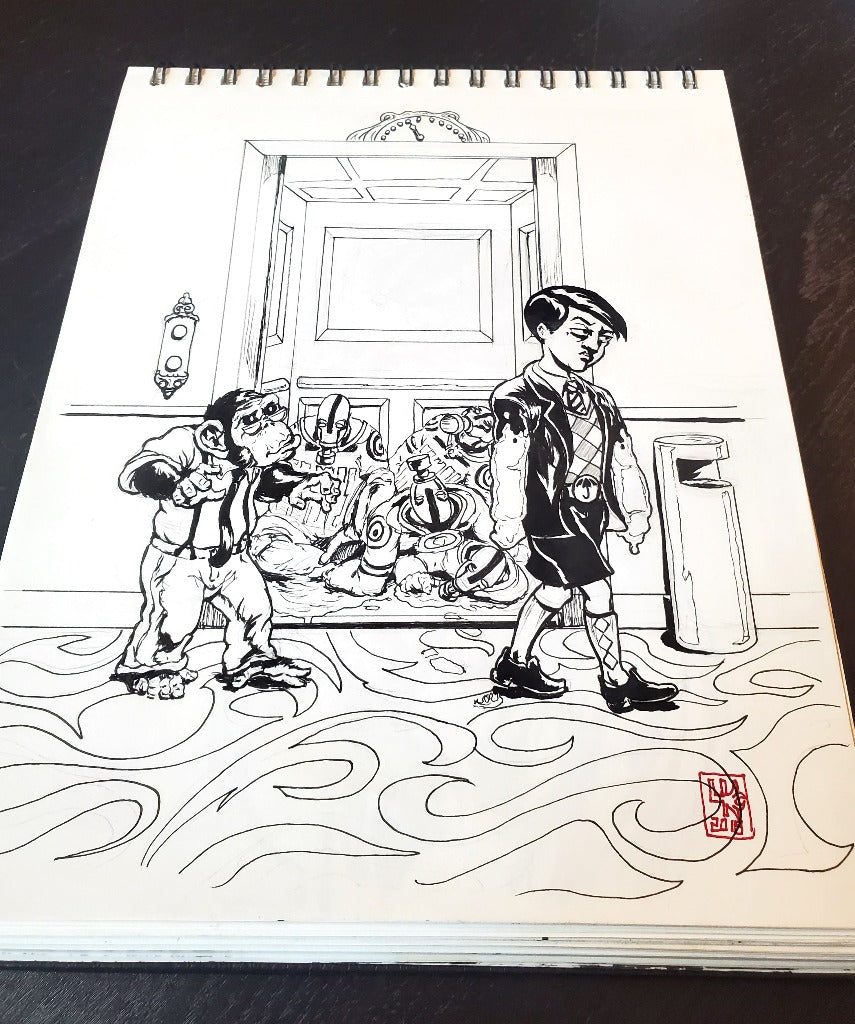 Number 5 and pogo from Umbrella Academy Ink Drawing b