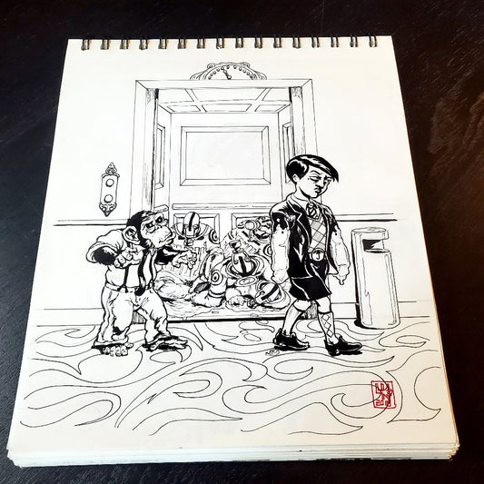 Number 5 and pogo from Umbrella Academy Ink Drawing