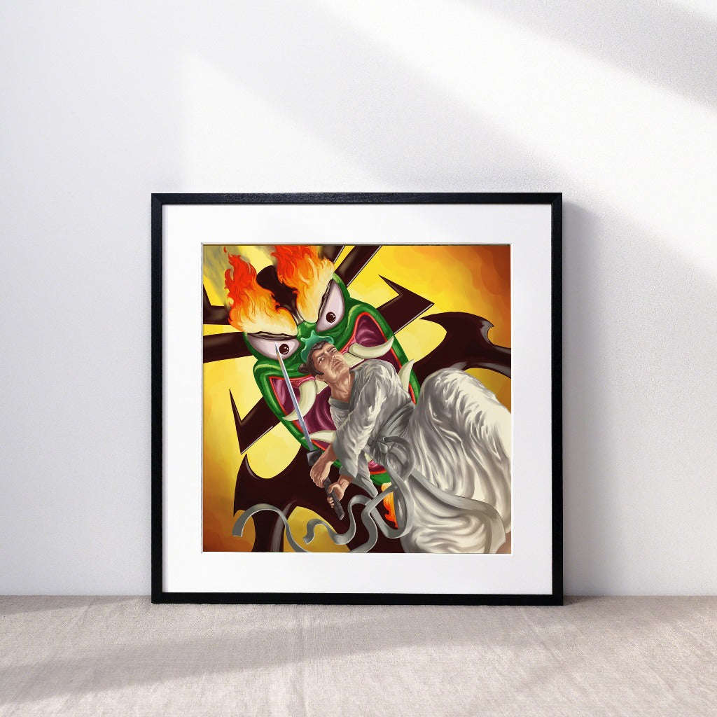 Samurai Jack and Aku Art Print in a frame
