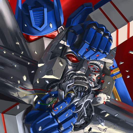 Megatron and Soundwave battle for the Decepticons Art Print