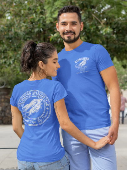 Dachshund Aviation Club Small Dogs Big Dreams T-Shirt Print Front and Back Couple
