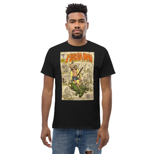 Florida Man Comic Cover T-shirt on model