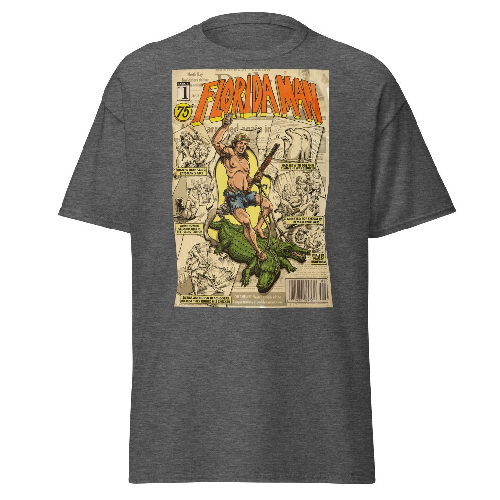 Florida Man Comic Cover T-shirt on Dark Heather