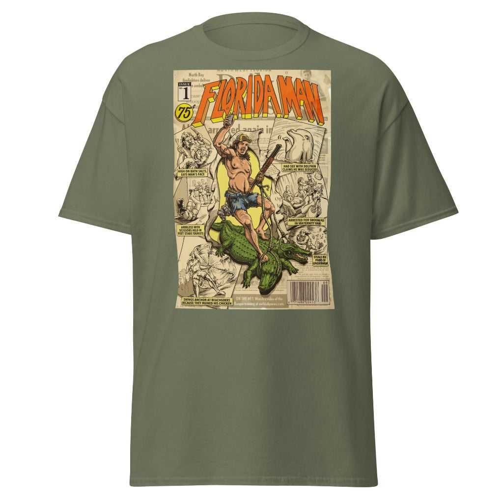 Florida Man Comic Cover T-shirt on Military Green
