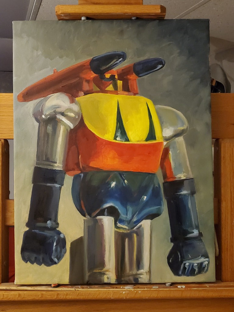 Tank oil on Canvas Painting Robot Toy Art on easel