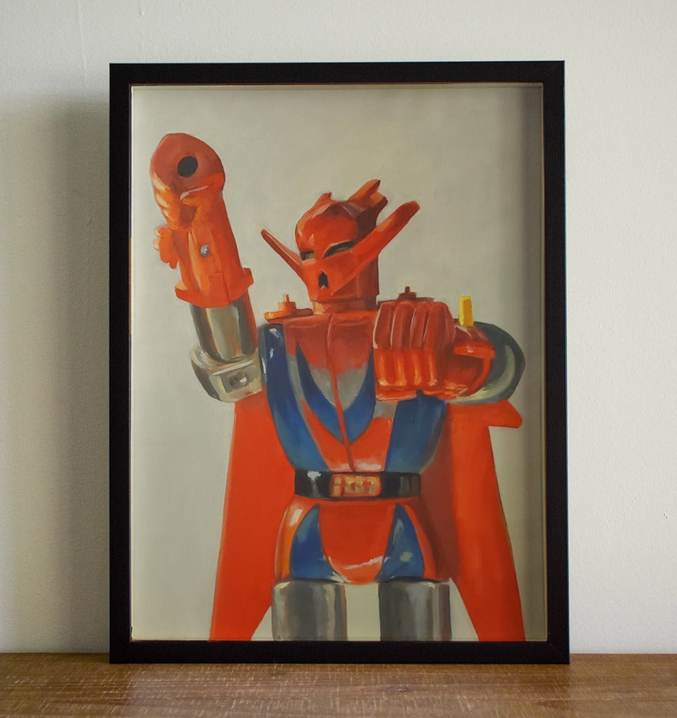 Red Original Robot Painting Oil on Canvas by Kyle La Fever in frame